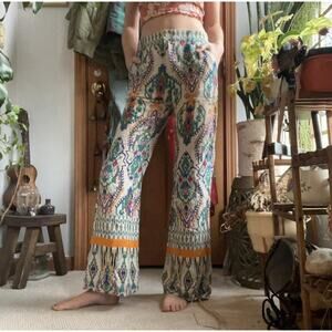 Zara Women's Boho Aztec Ikat Printed Flare Pants Size S Tropical Festival